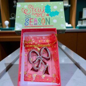 Red Bow Brooch Made With Swarovski‎ Crystals Holiday Gift Sparkly Enamel Pin